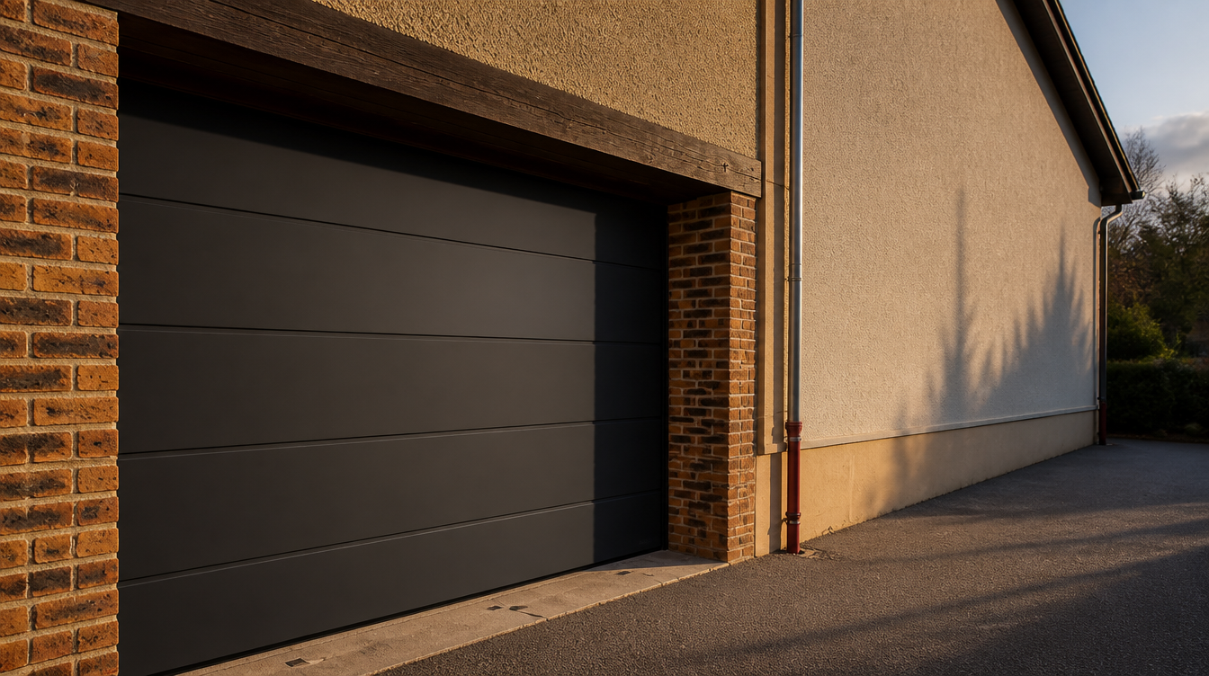 Lumiere de fin de journee sur la porte de garage anthracite et la cour goudronnee