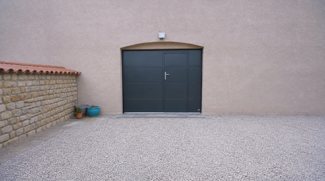 Vue large de la porte de garage anthracite avec portillon integre sous arc en crepi