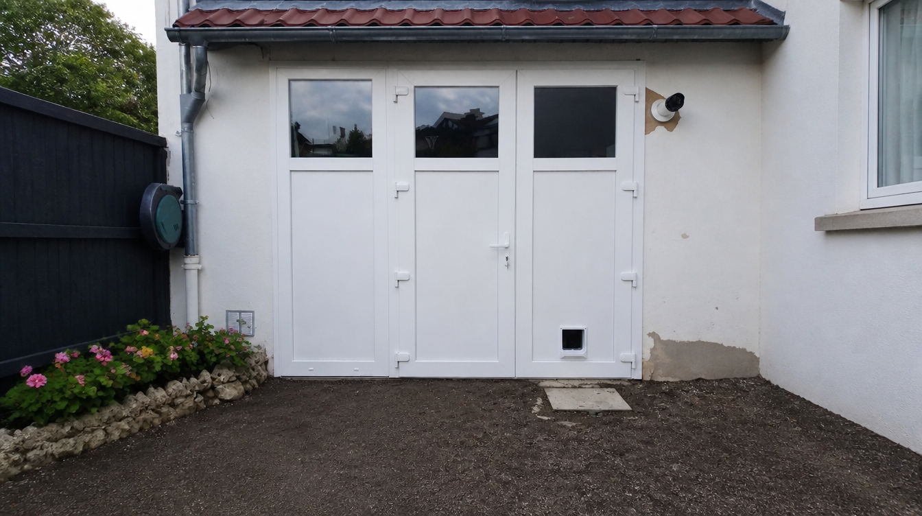Vue large de la porte de garage battante blanche a trois vantaux vitres