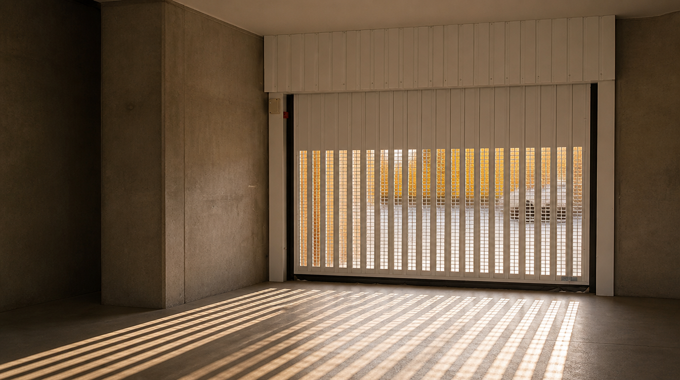 Ambiance de fin de journée sur la porte de garage collective du parking