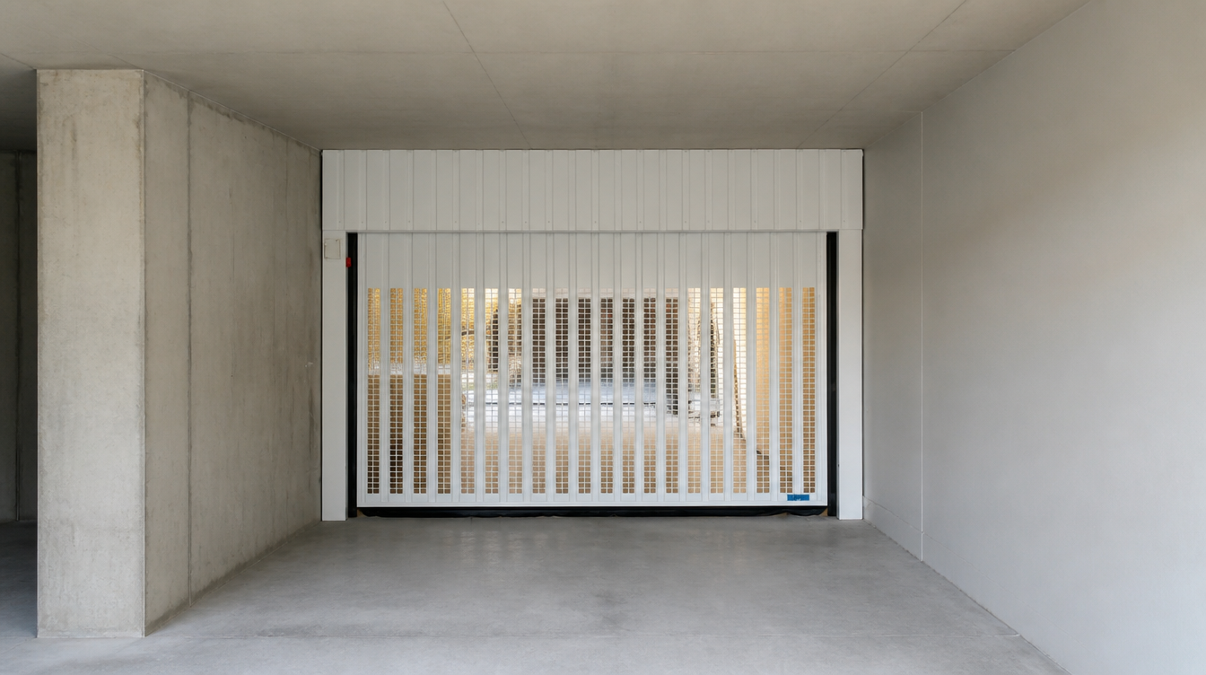 Vue large intérieure de la porte de garage collective blanche fermée du parking