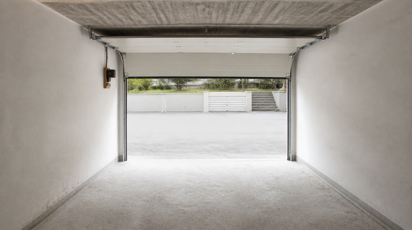 Vue large depuis le fond du garage vers la porte sectionnelle crème relevée