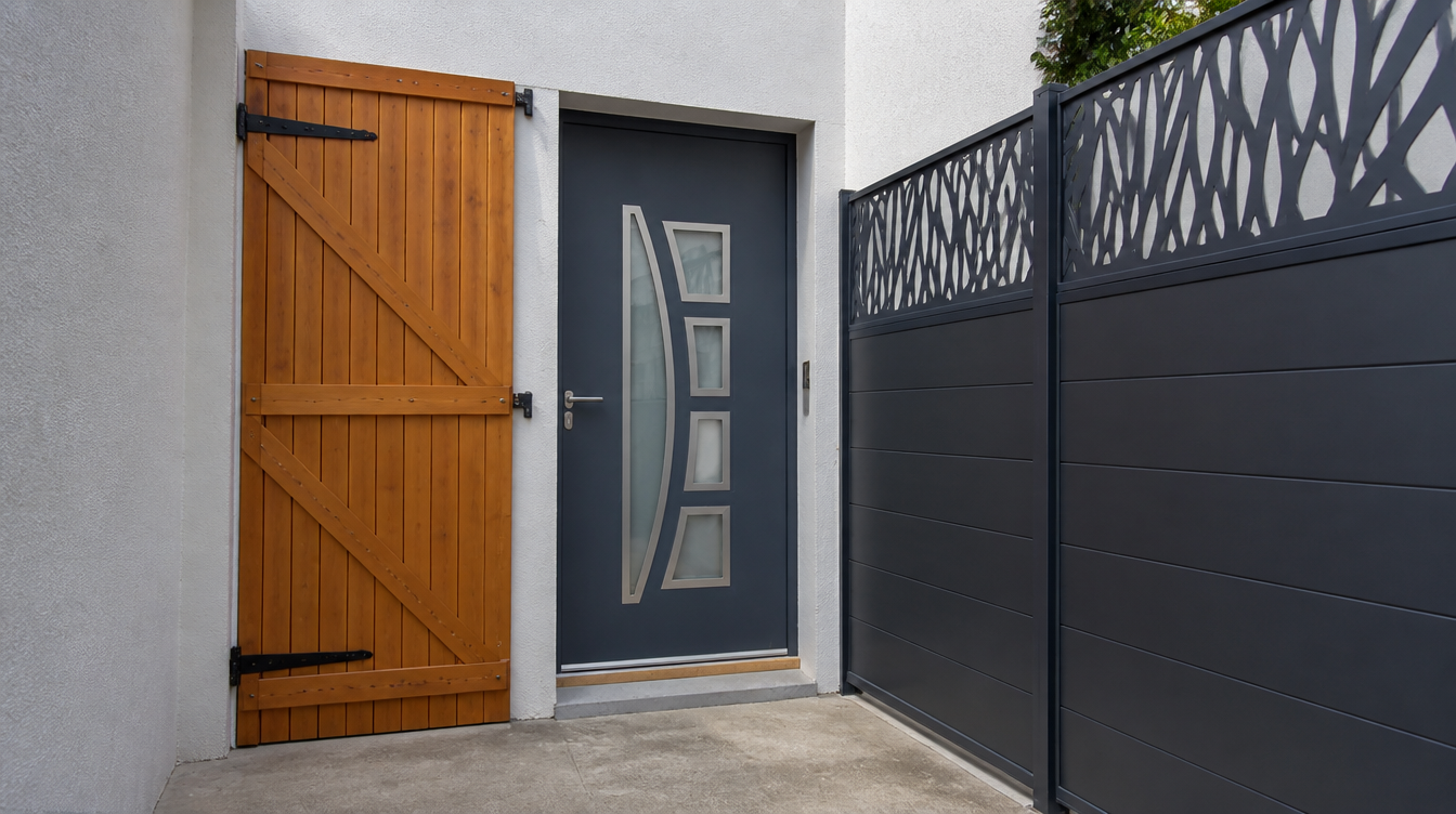 Vue large de la porte d'entrée aluminium gris anthracite entre portail et portillon bois