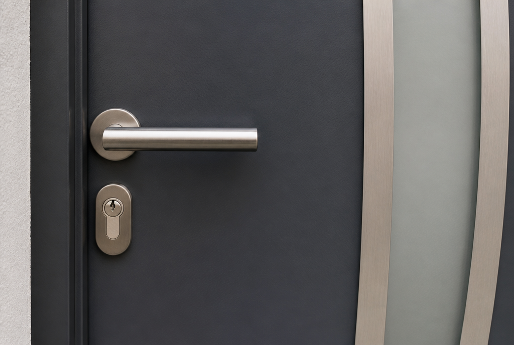 Gros plan sur la poignée inox et le cylindre de la porte aluminium anthracite