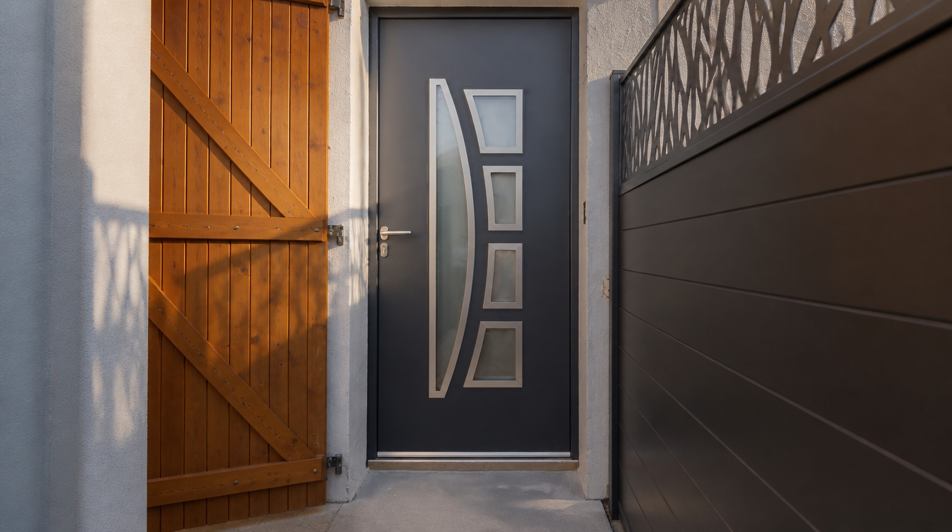 Ambiance de fin de journée sur la porte d'entrée aluminium gris anthracite