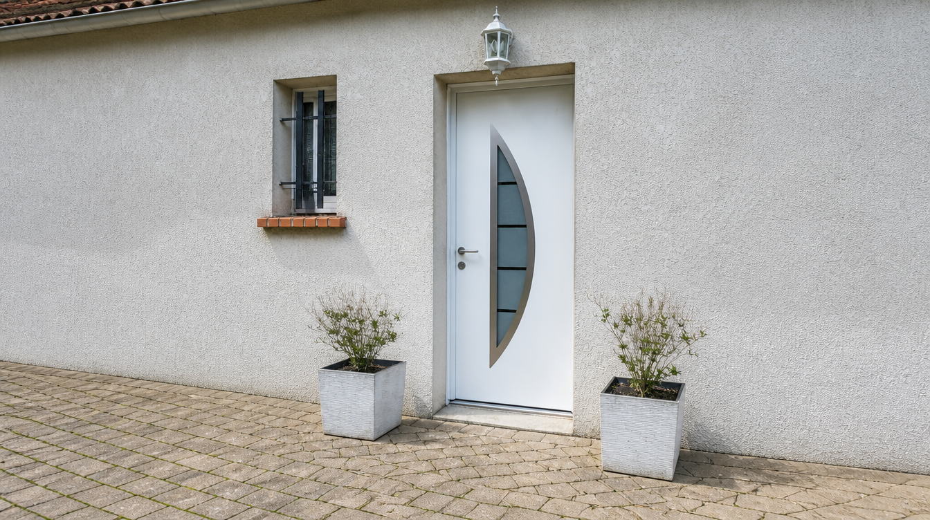 Vue large de la porte d'entrée aluminium blanche sur la façade en crépi