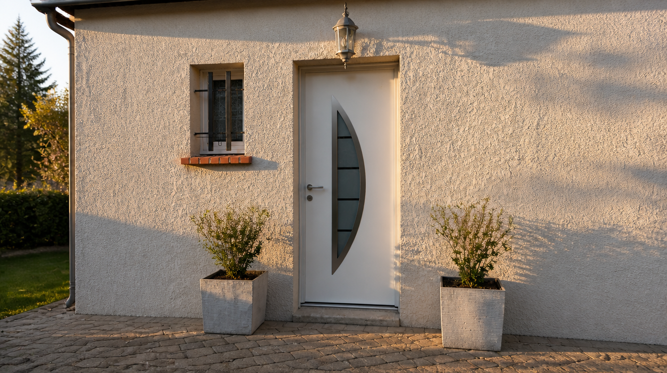 Ambiance de fin de journée sur l'entrée et sa porte aluminium blanche