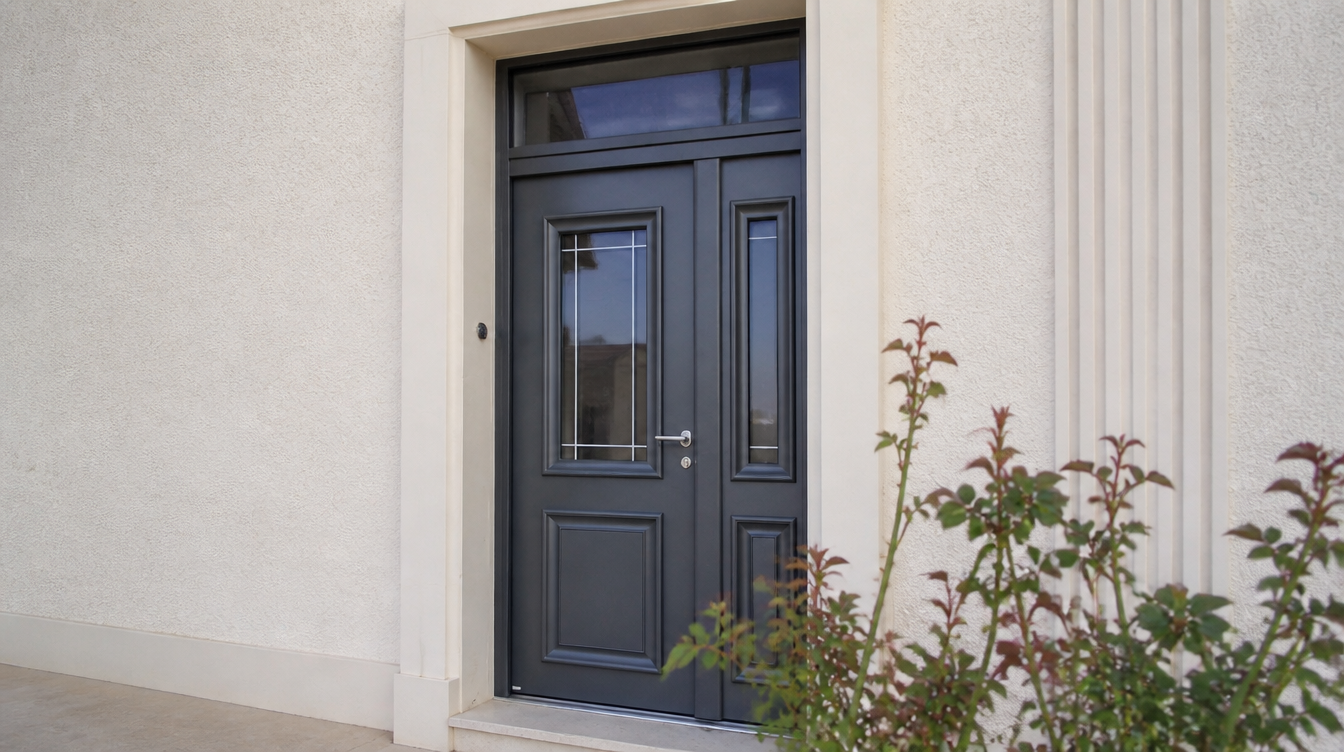 Vue large de la porte d'entrée aluminium anthracite avec son fixe vitré et son imposte