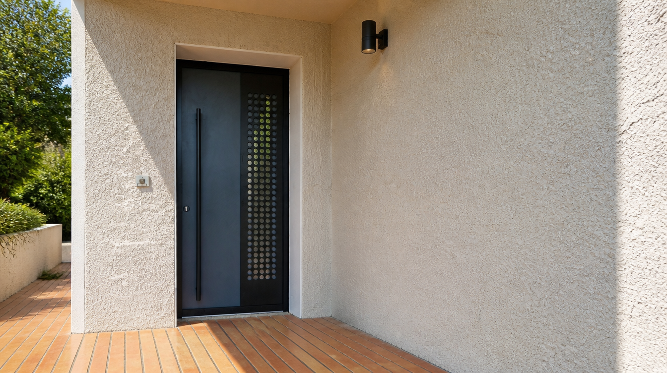 Vue large de la porte d'entrée aluminium noire à panneau perforé sur façade crème