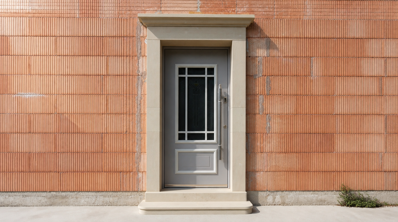 Porte d'entree aluminium grise vue de face dans son encadrement en pierre beige