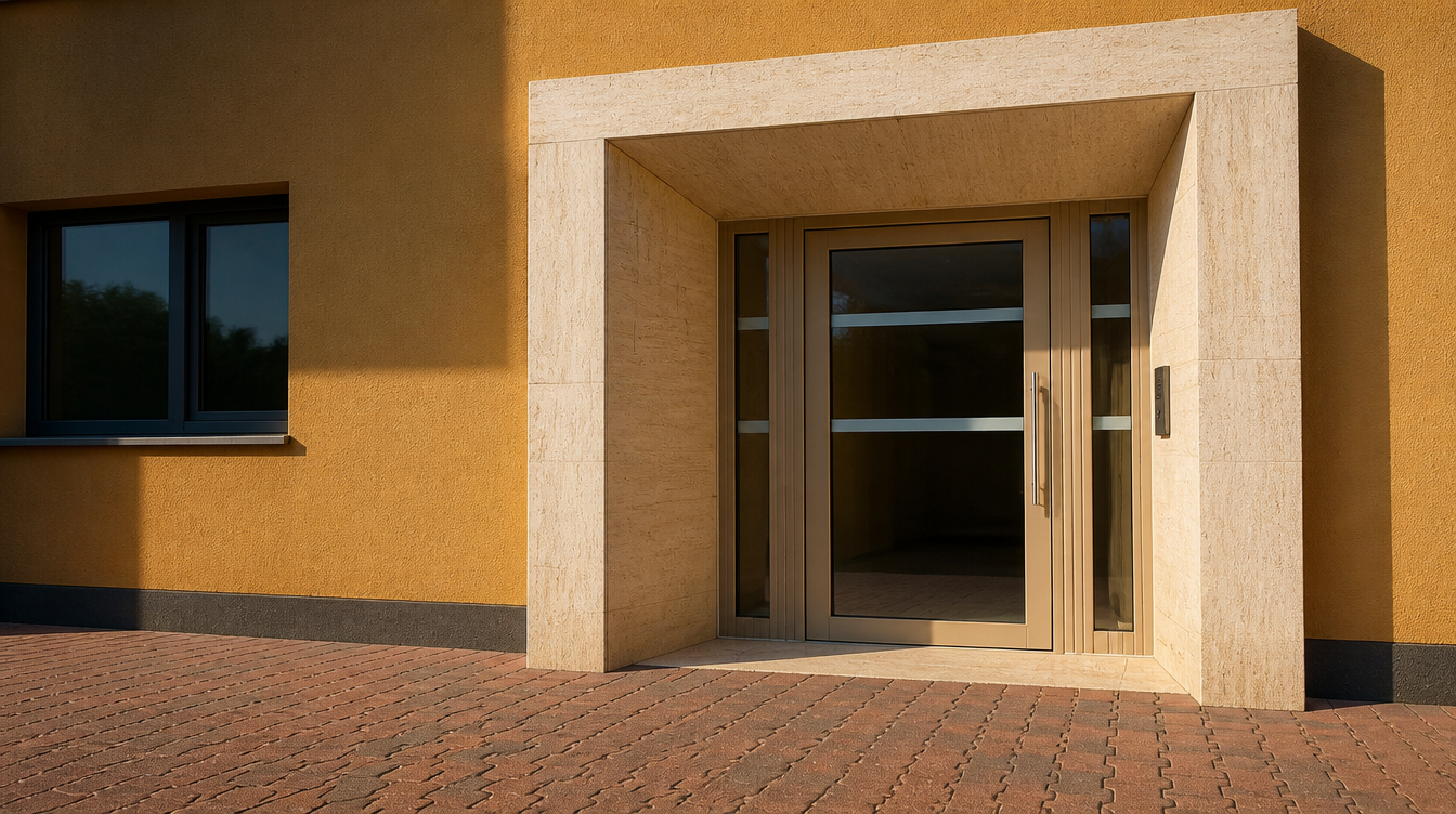 Fin de journee, lumiere chaude sur la facade ocre et le porche
