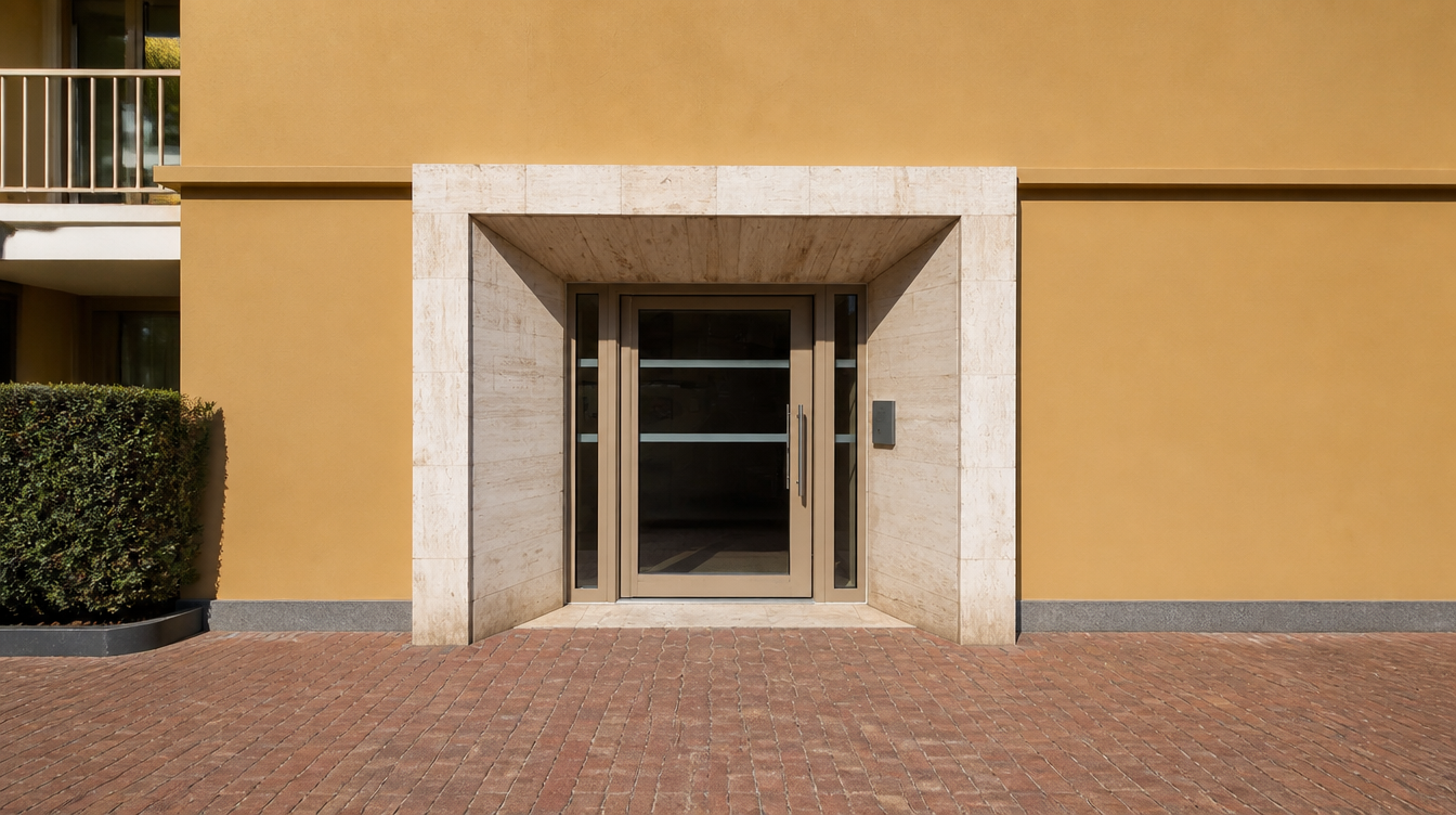 Entree d'immeuble securisee avec porte acier beige sous un porche en travertin