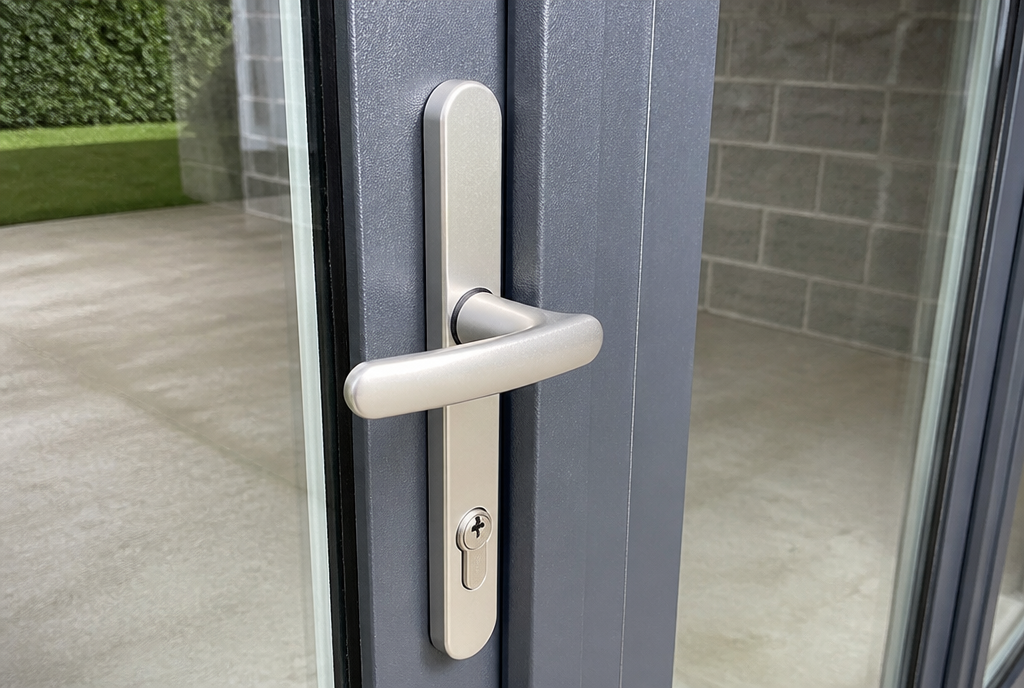 Gros plan sur la poignee et les montants en aluminium anthracite