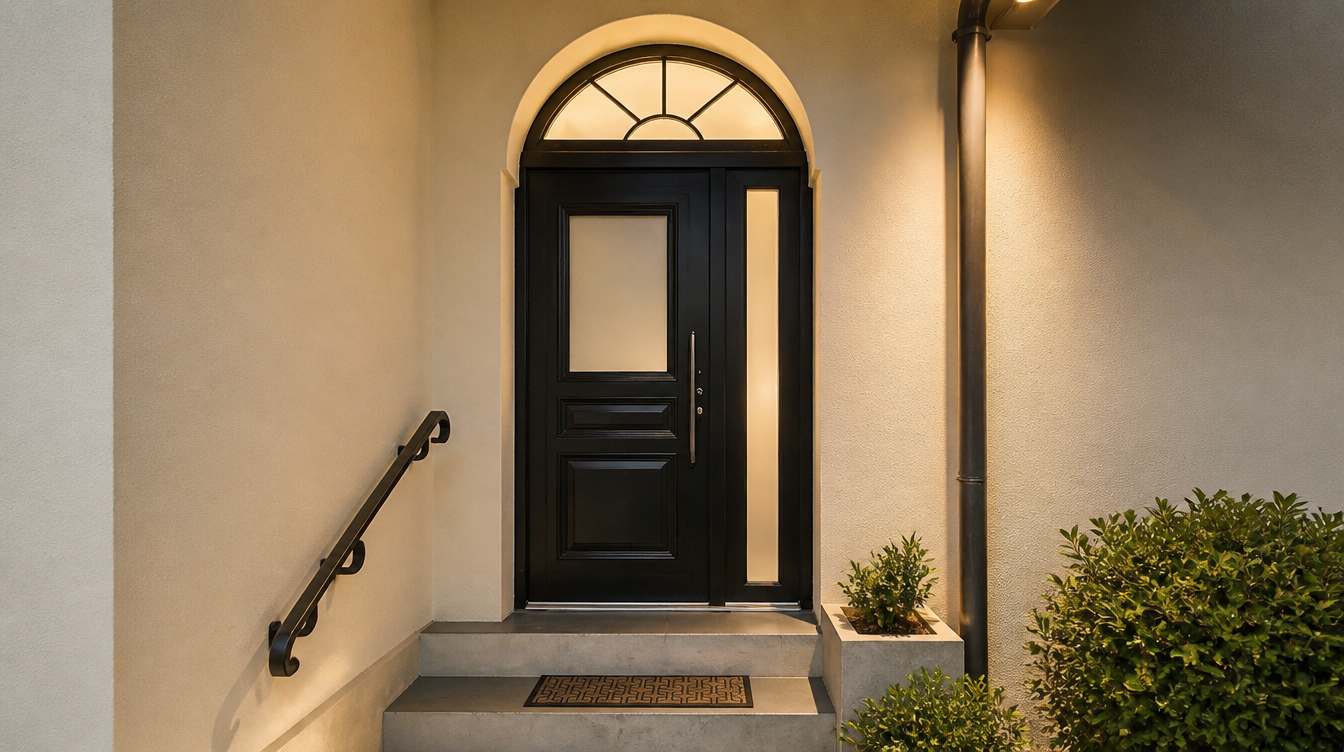 Porte d'entree aluminium noire sous une arche avec imposte en demi-lune