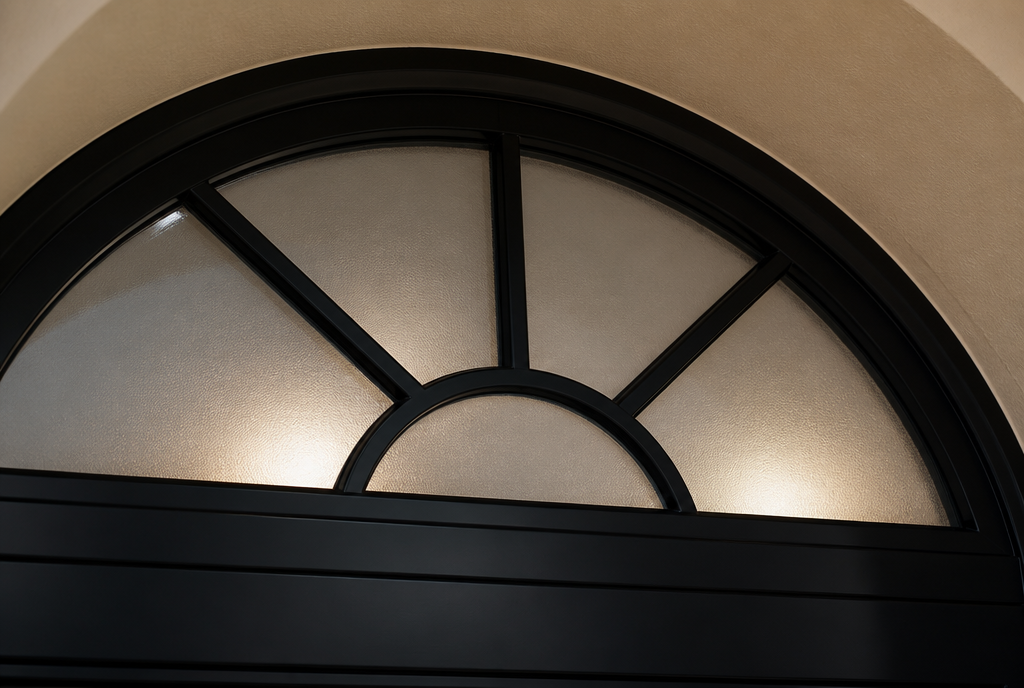 Detail de l'imposte demi-lune et de ses croisillons rayonnants noirs