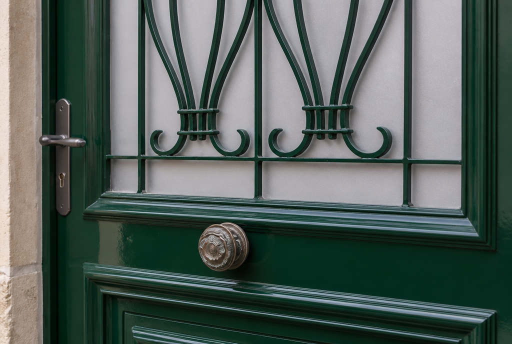 Gros plan sur le bouton en bronze et la grille en fer forge