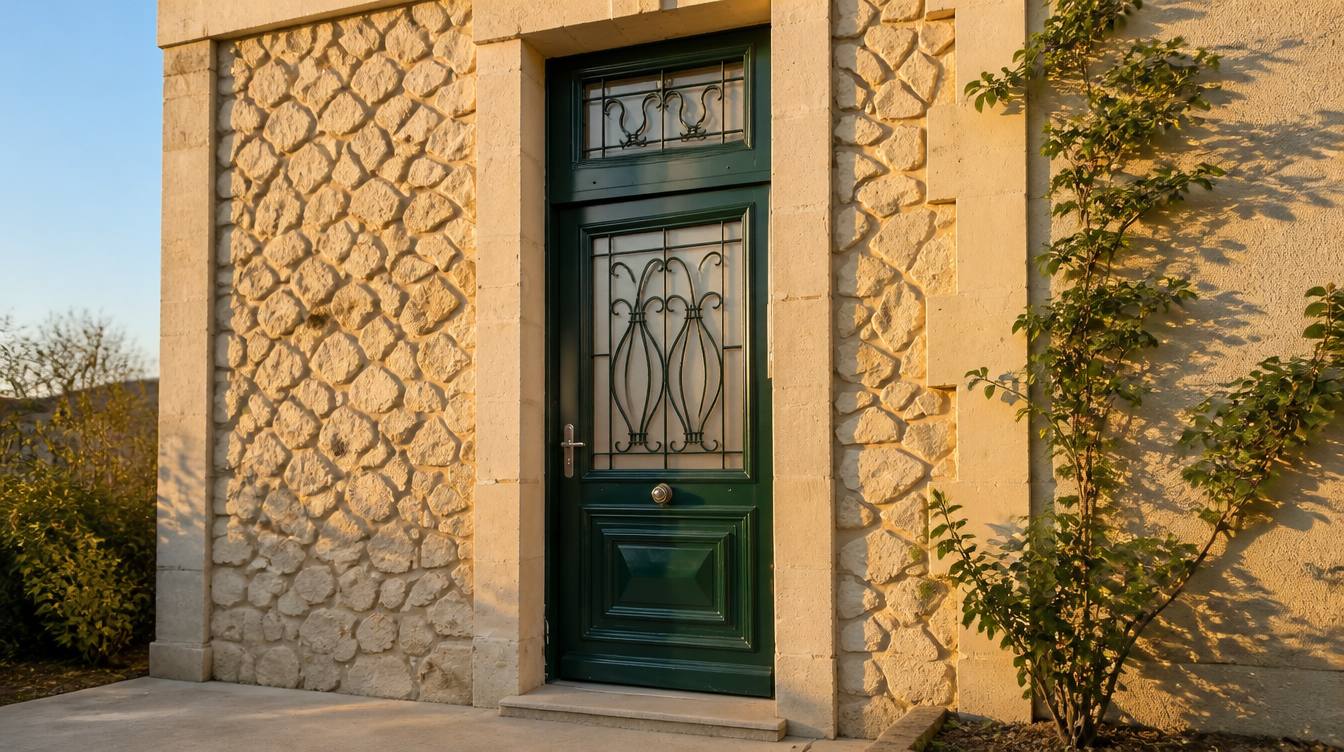 Fin de journee, lumiere rasante sur la pierre et la porte verte