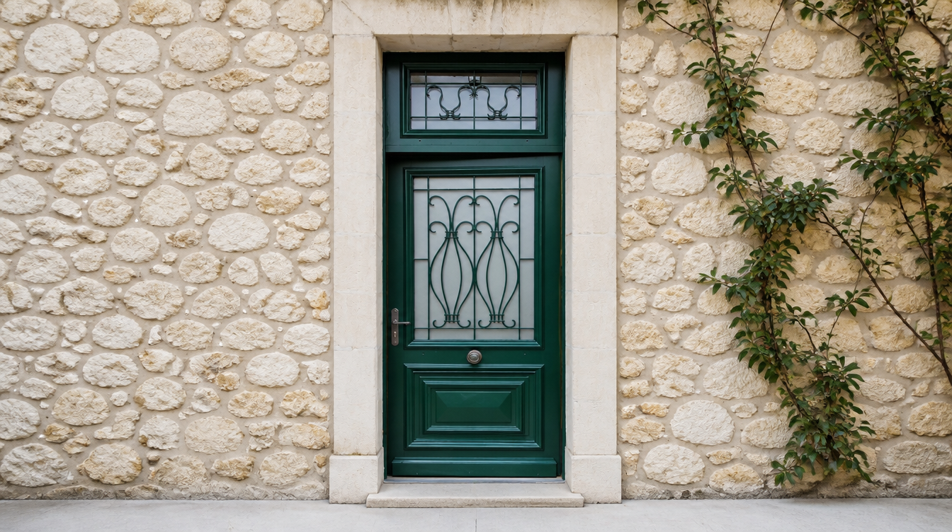 Porte d'entree bois vert fonce dans une facade en pierre calcaire