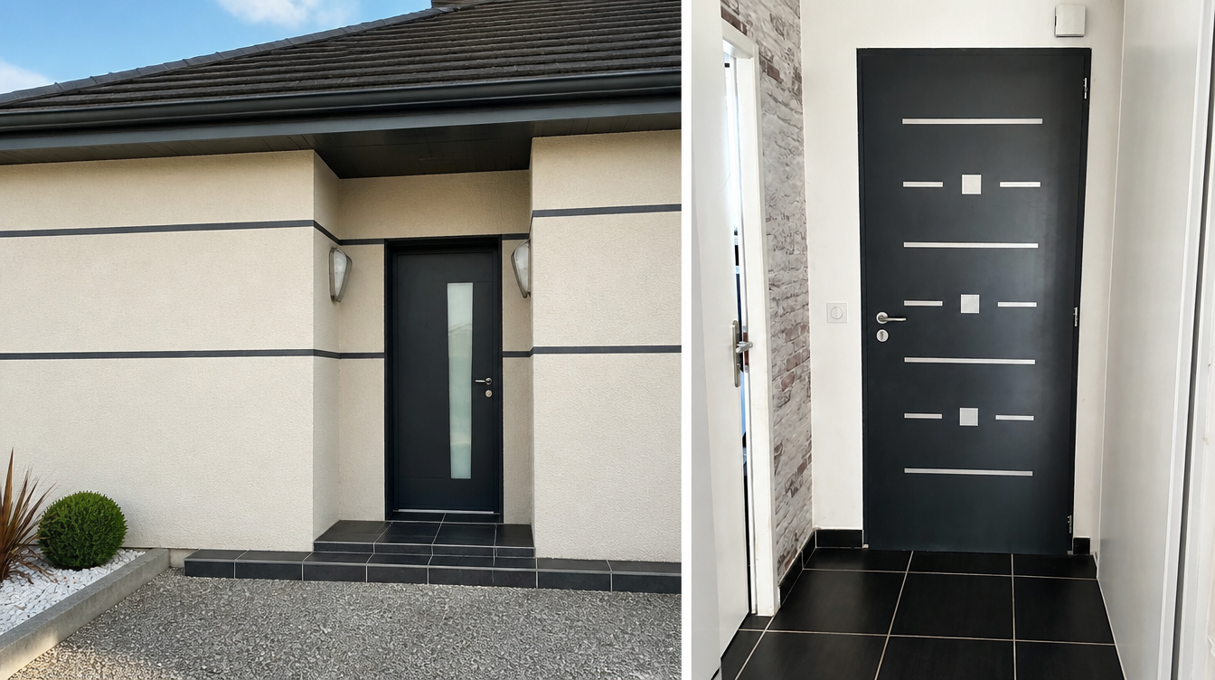 Vue large de l'entree en crepi blanc avec porte aluminium anthracite sous porche