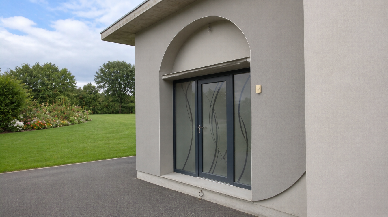 Vue large de la porte d'entree vitree anthracite sur facade en enduit gris clair