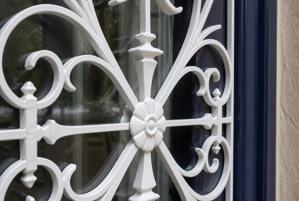 Detail des volutes en fer forge blanc et du vitrage biseaute de la porte
