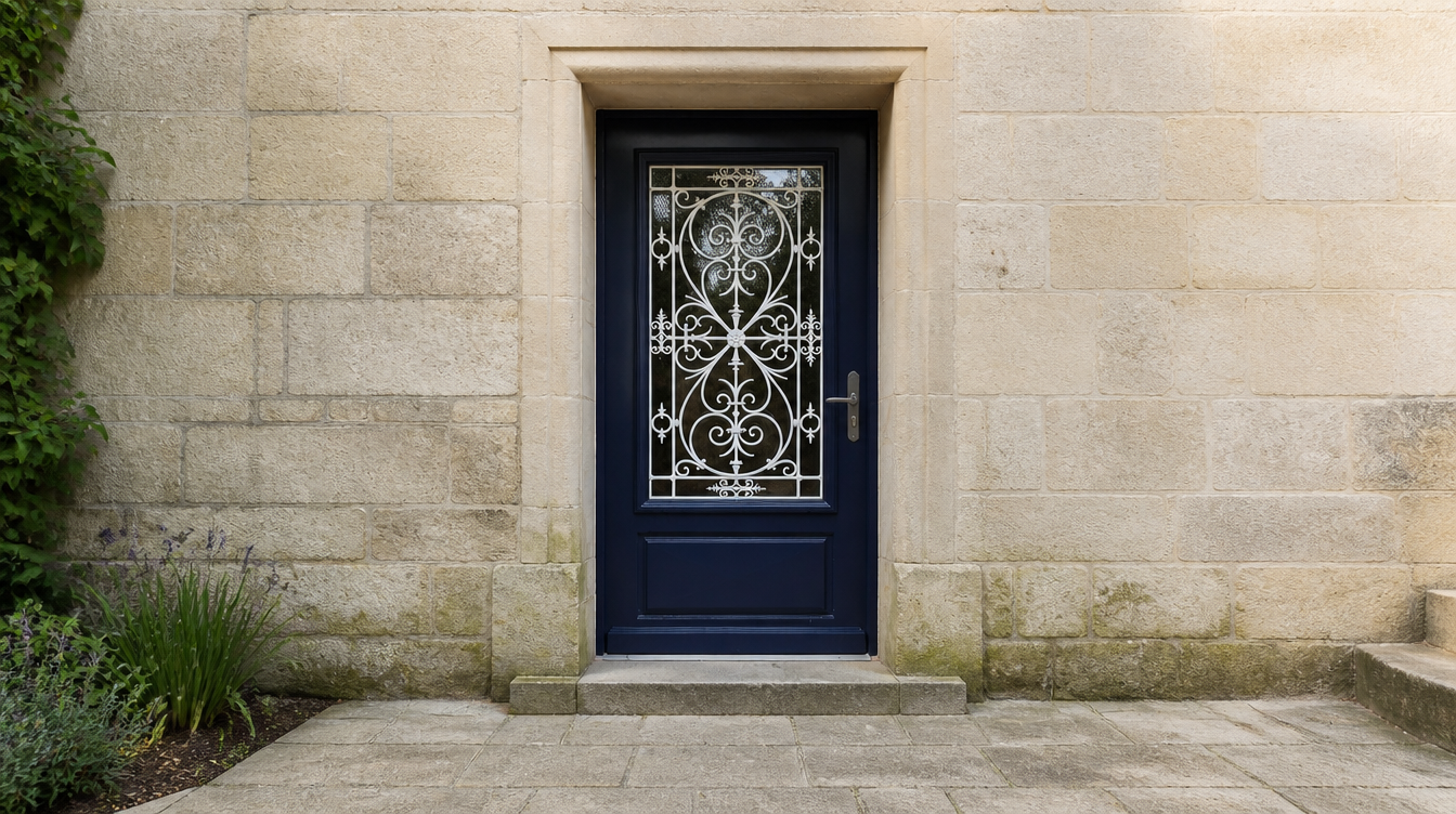 Vue large de la porte bois bleu nuit dans son encadrement en pierre de taille