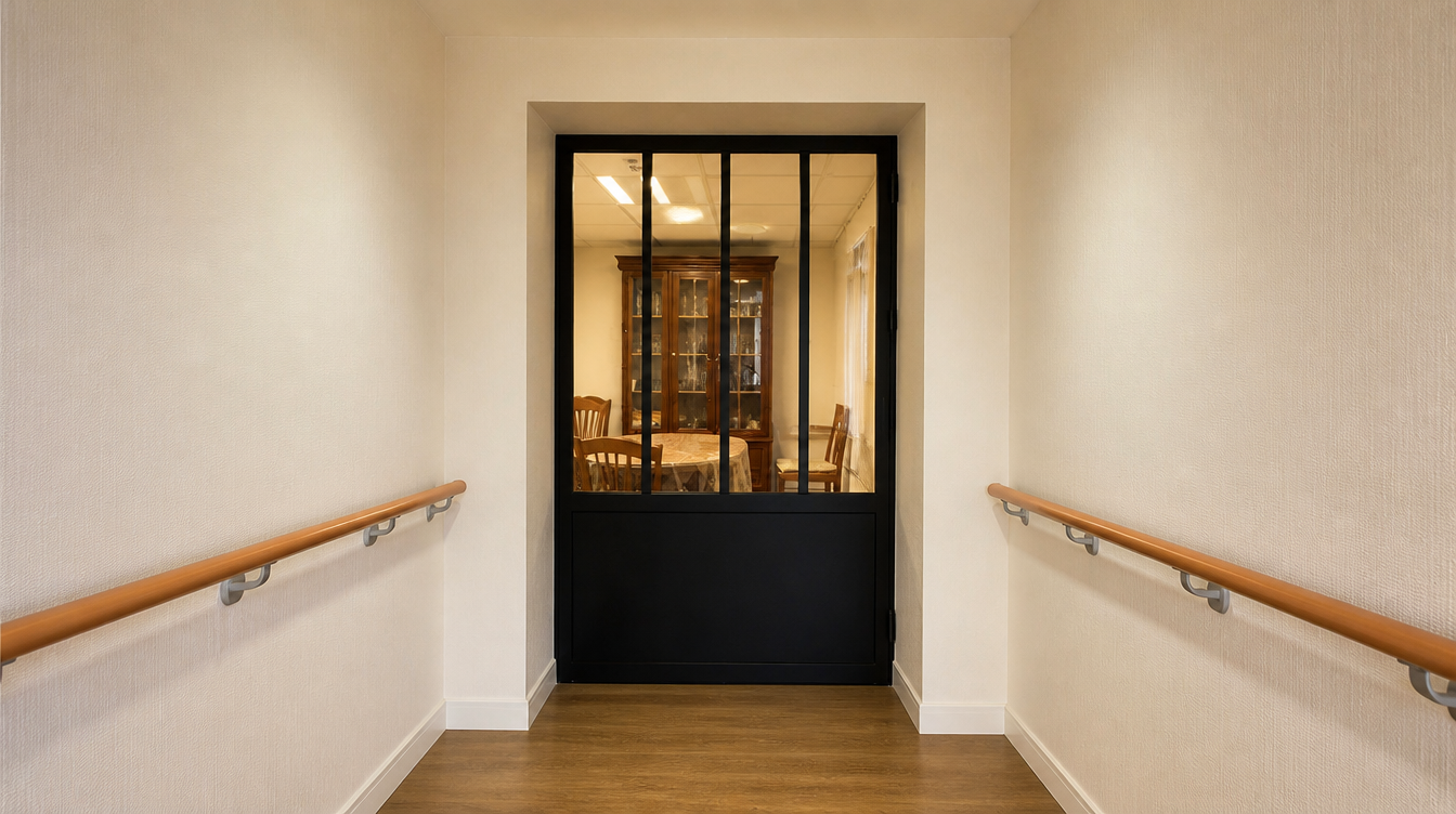 Vue large de la porte verriere noire au bout du couloir aux murs creme