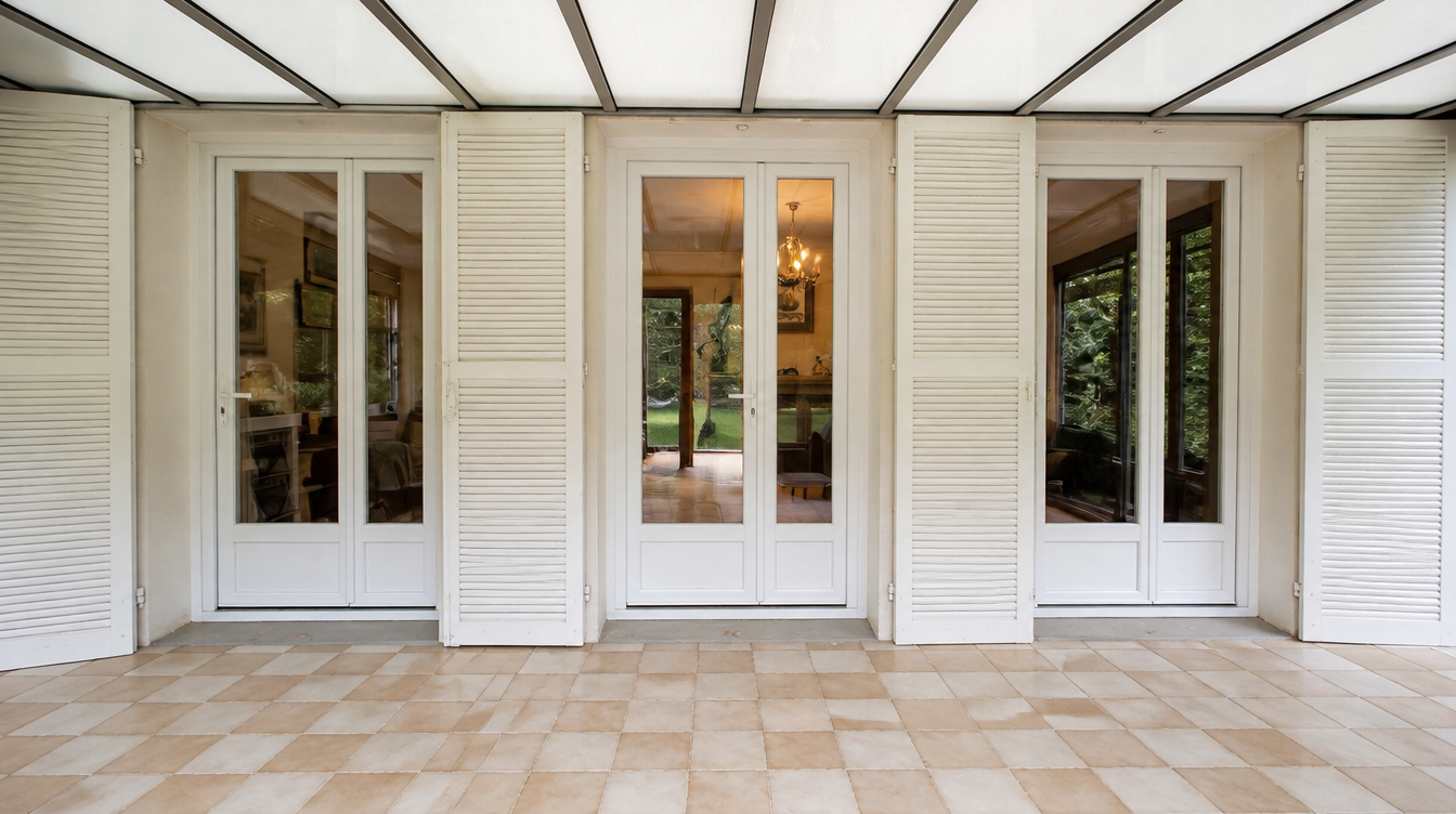 Vue large des trois portes-fenetres PVC blanc sous la veranda et volets battants