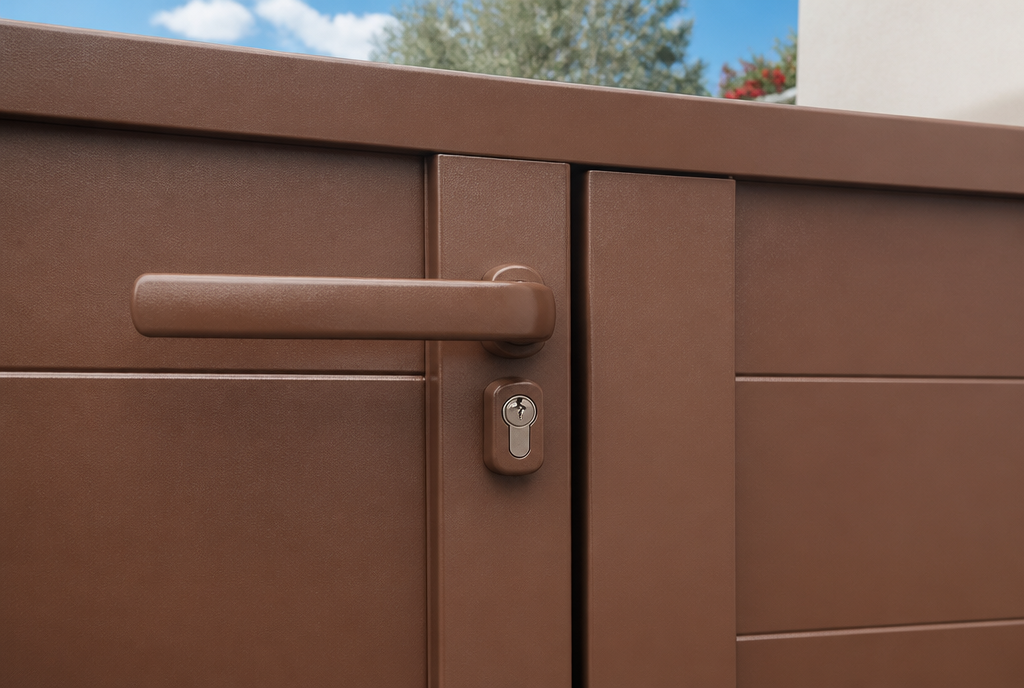 Detail de la poignee verrouillable brune et des lames aluminium du portillon