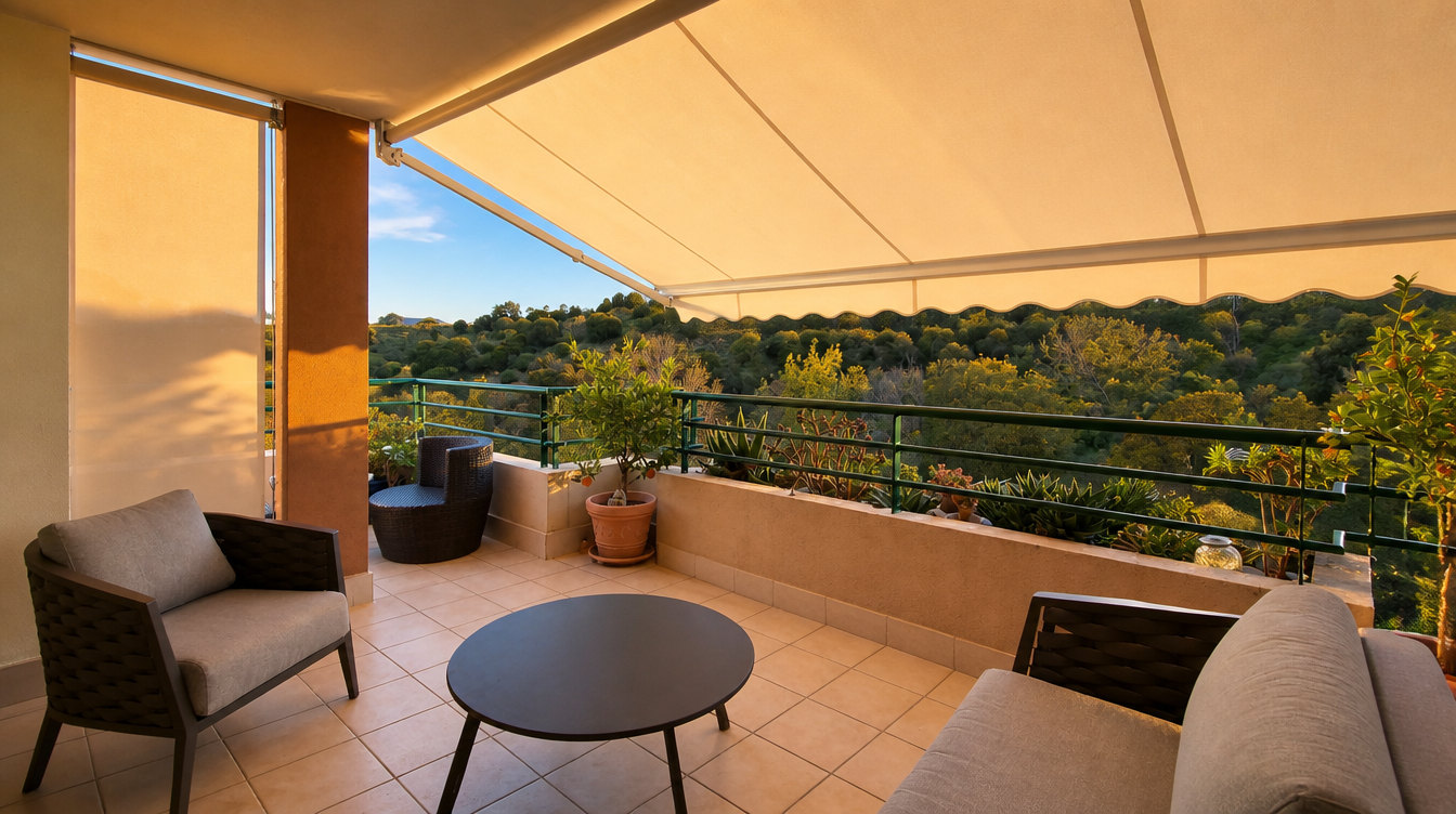 Terrasse et store banne en lumiere rasante de fin de journee face a la colline