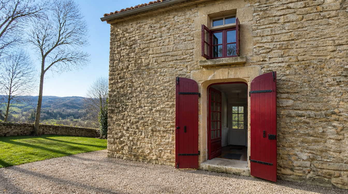 Facade en pierre, porte d'entree bois rouge et fenetre de l'etage, volets ouverts