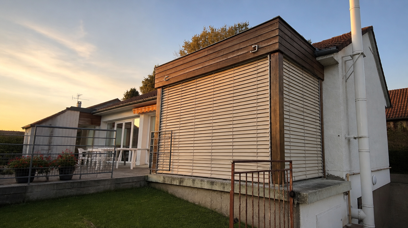 Extension vitree en lumiere rasante de fin de journee depuis la terrasse