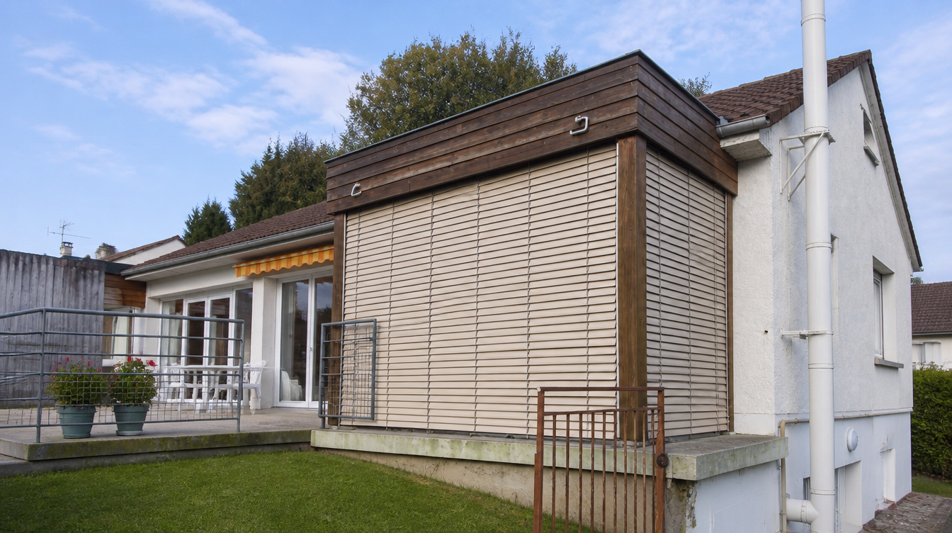 Extension vitree de la maison de retraite avec stores exterieurs a lames beiges