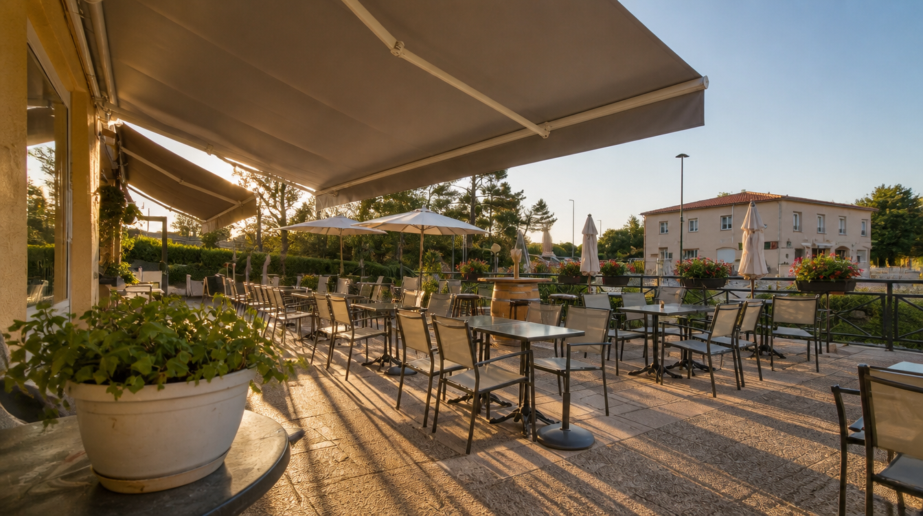Terrasse et store banne en lumiere rasante de fin de journee
