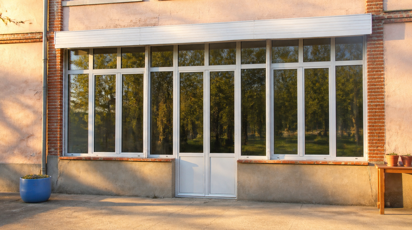 Facade et verriere en lumiere rasante de fin de journee