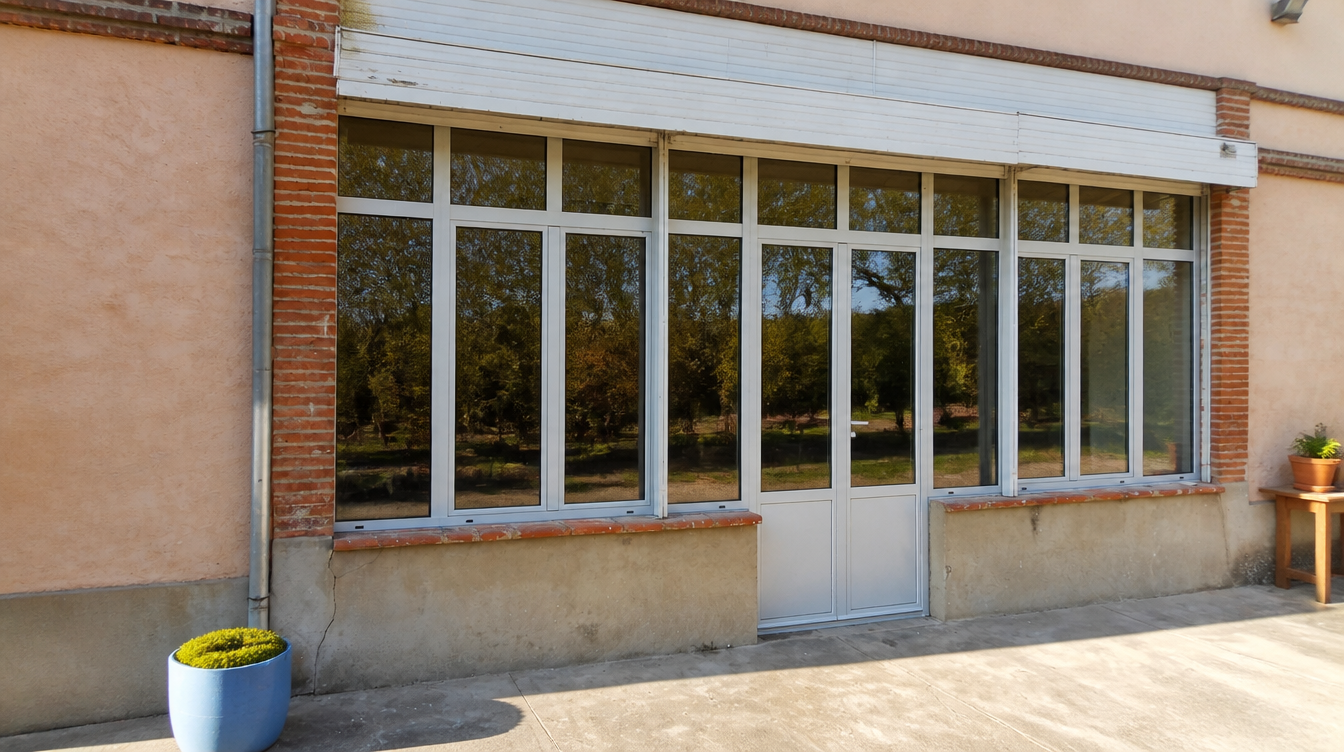 Verriere aluminium neuve vue en oblique depuis l'angle gauche de la cour