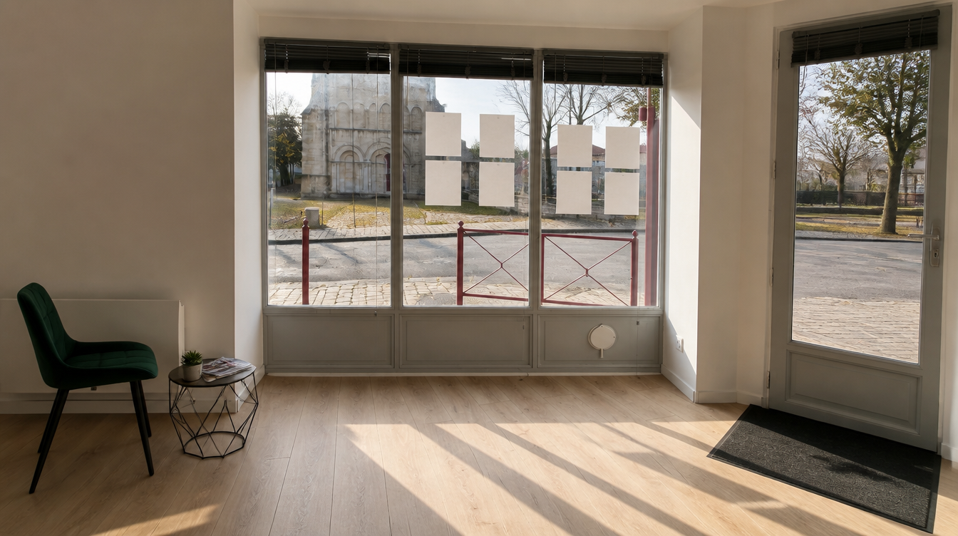 Lumiere rasante de fin de journee traversant la vitrine et le parquet