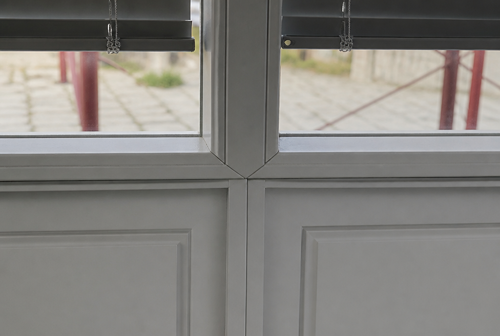 Detail du montant aluminium, du joint vitre et du store de la vitrine