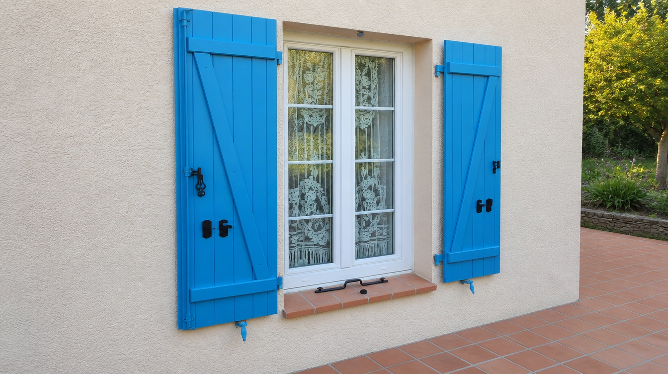Fenetre blanche encadree de ses volets battants bois bleus ouverts en facade