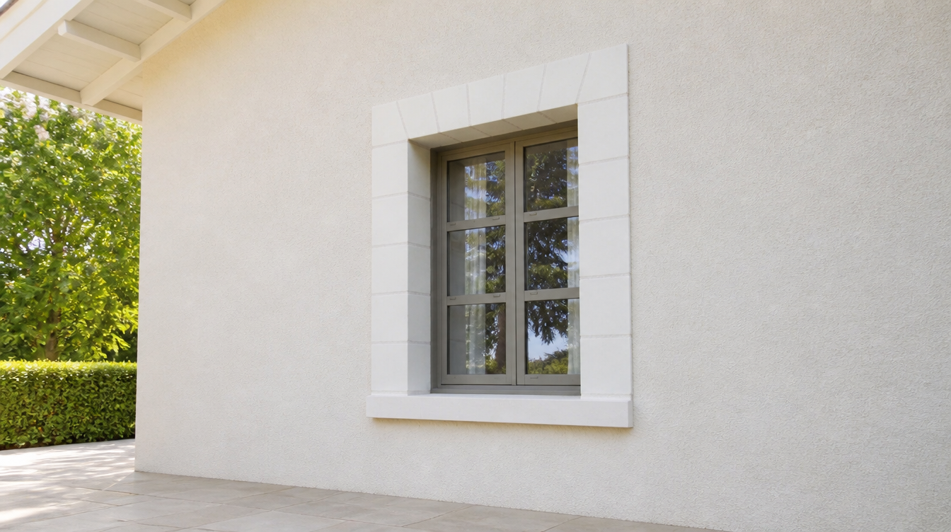 Vue large de la fenetre aluminium grise dans sa facade en tuffeau