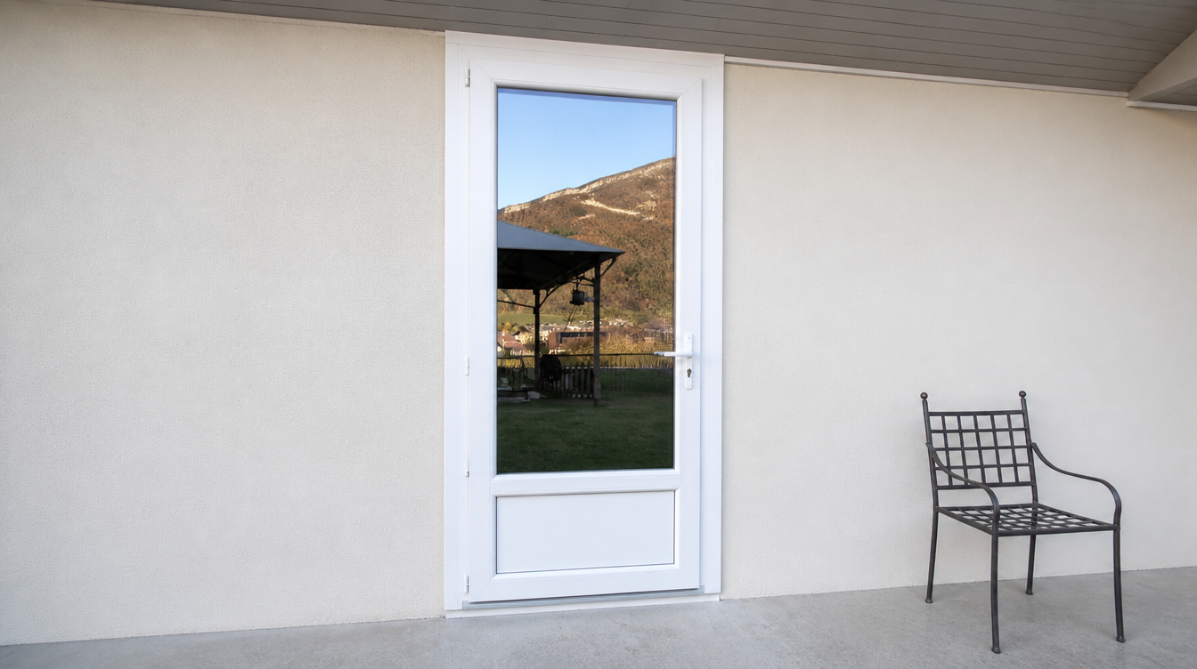 Vue large de la porte d'entree PVC blanche vitree sous l'auvent