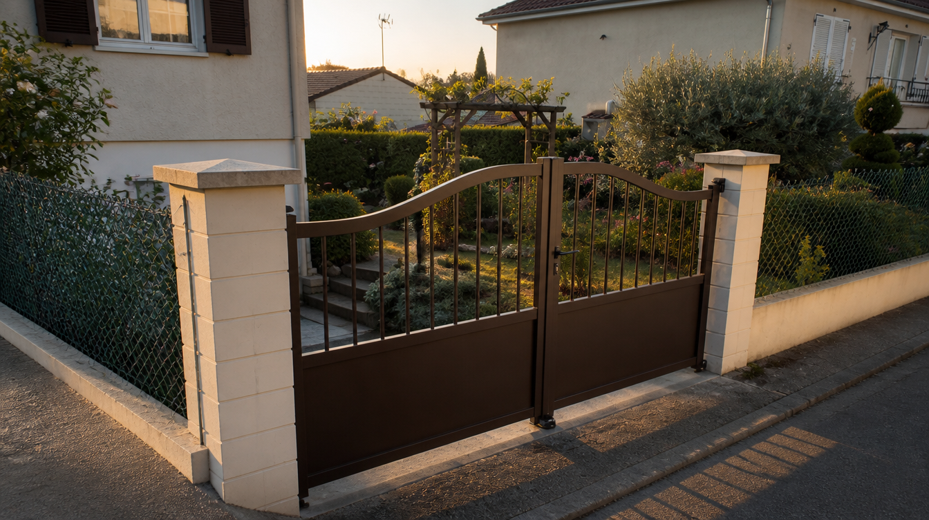 Portail aluminium brun en lumiere rasante de fin de journee