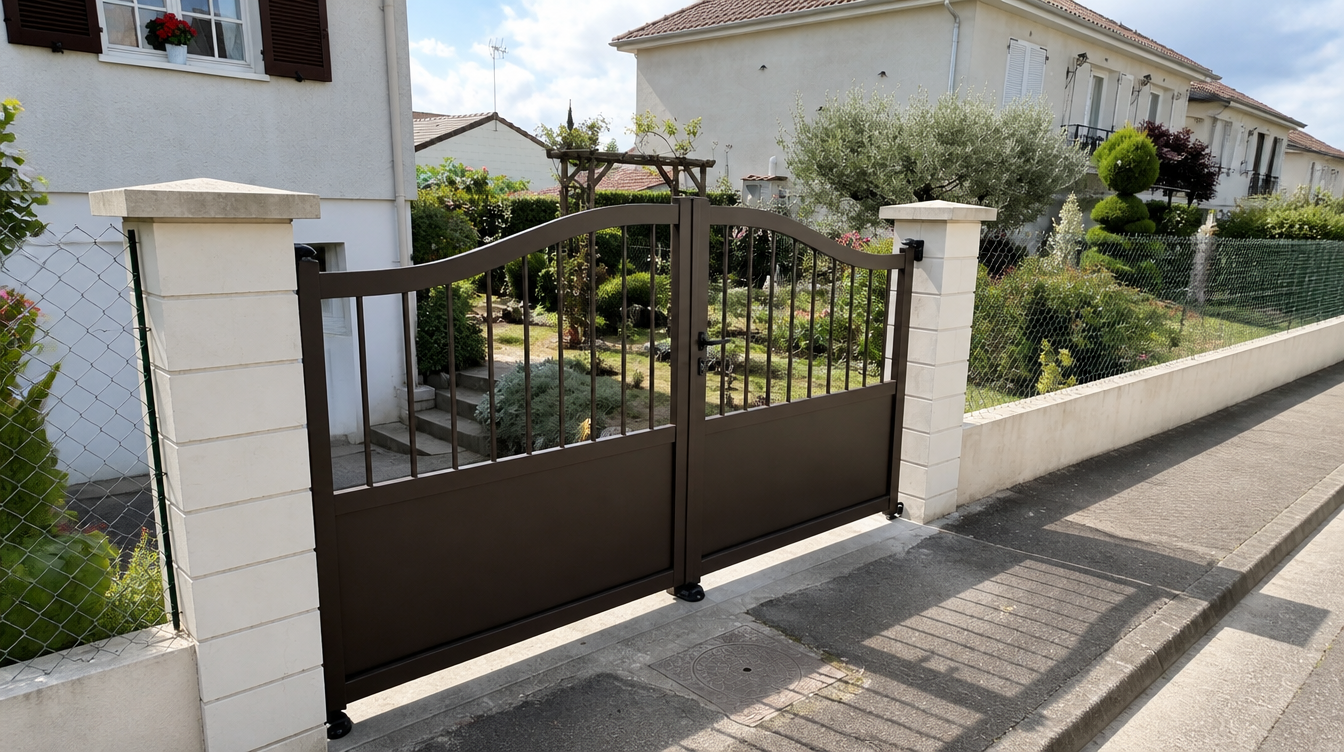 Vue large du portail battant aluminium brun entre ses piliers enduits