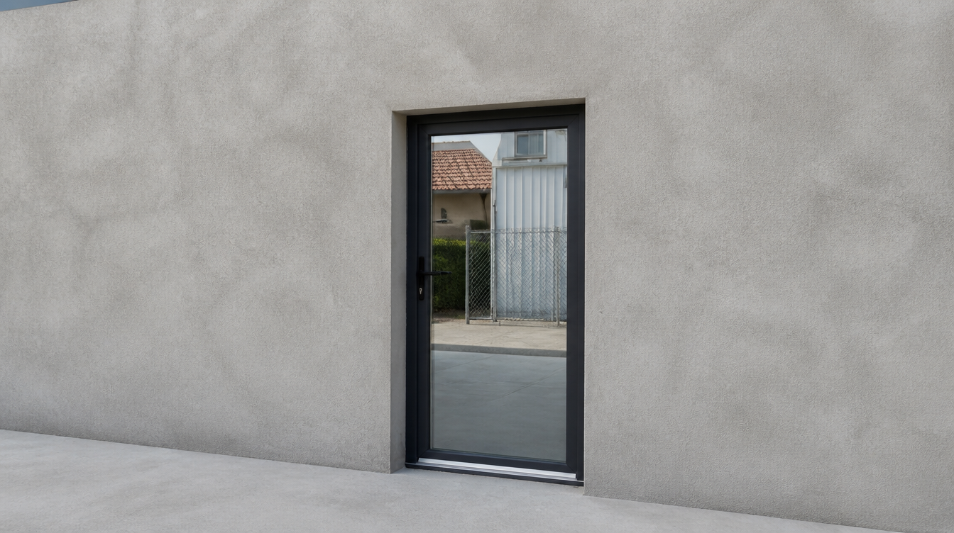Vue large de la porte vitree anthracite dans le mur en beton