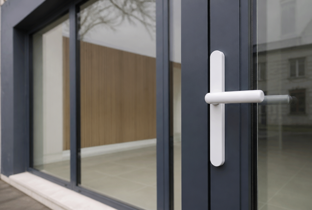 Détail de la poignée blanche et du profilé aluminium anthracite de la porte