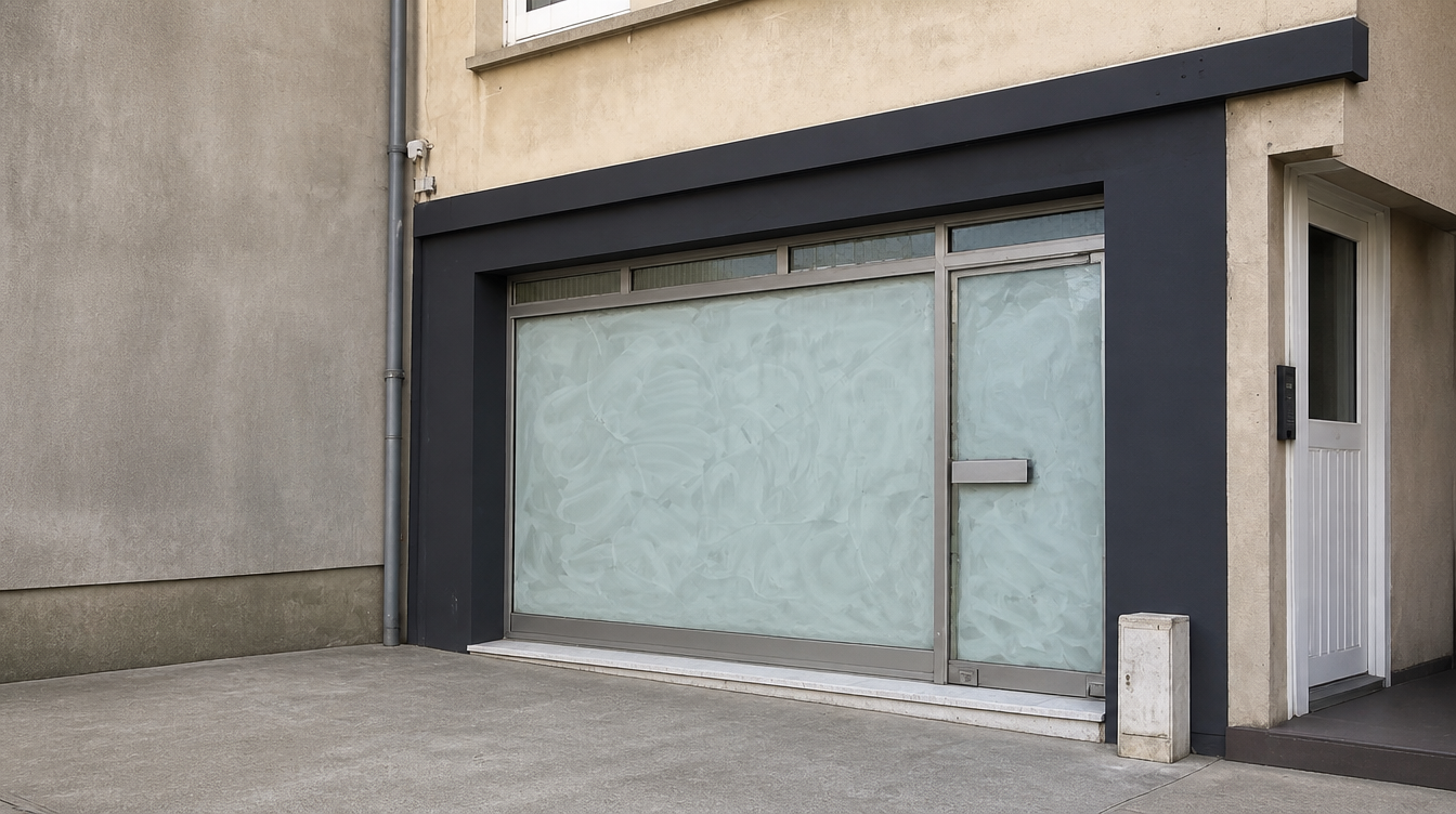 Vue large trois-quarts de la vitrine commerciale en aluminium gris anthracite depuis la cour