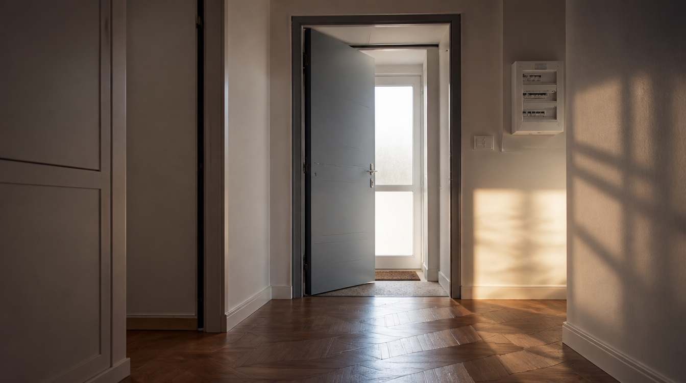 Ambiance de fin de journée, porte entrouverte et lumière sur le parquet