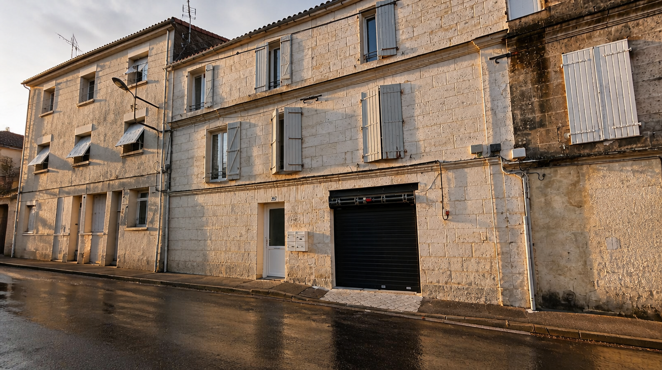 Ambiance de fin de journée, lumière rasante sur la façade et le rideau