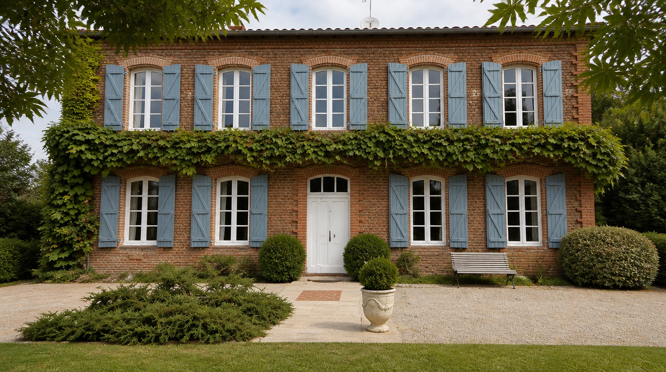 Facade en brique avec fenetres PVC blanches et volets bleus vue depuis le jardin