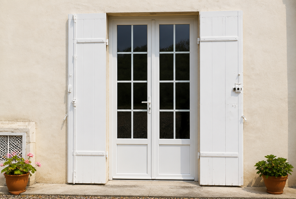 Detail des petits bois blancs et de la poignee de la porte vitree